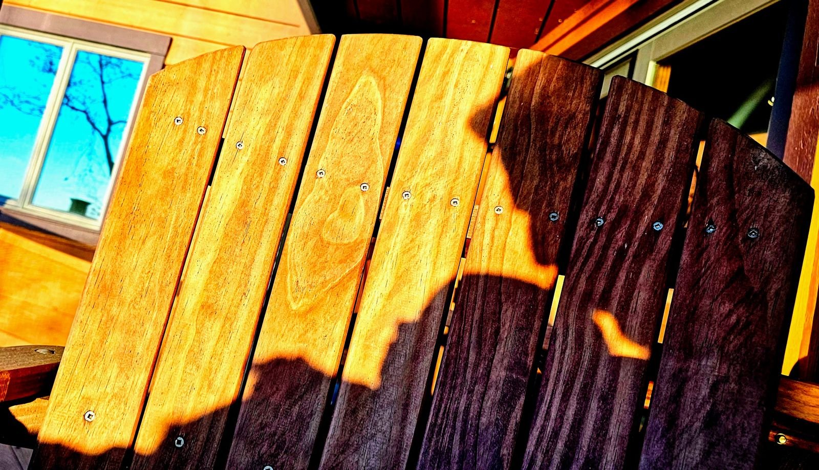 Self-portrait: the photographer's shadow falling across a wooden chair on Catawba Island